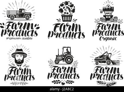 I prodotti di fattoria, set di etichette. Agricoltura Agricoltura, logo o icona. Lettering illustrazione vettoriale Illustrazione Vettoriale