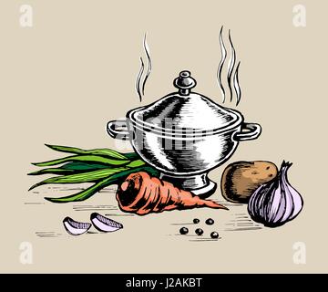 Zuppiera e per la cottura di verdure Illustrazione Vettoriale
