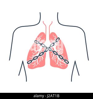 Icona di un paziente con asma bronchiale in uno stile lineare. Il concetto di malattia, in forma di polmoni sono catena-legato Illustrazione Vettoriale