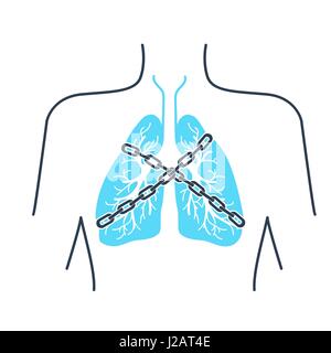 Icona di un paziente con asma bronchiale in uno stile lineare. Il concetto di malattia, in forma di polmoni sono catena-legato Illustrazione Vettoriale