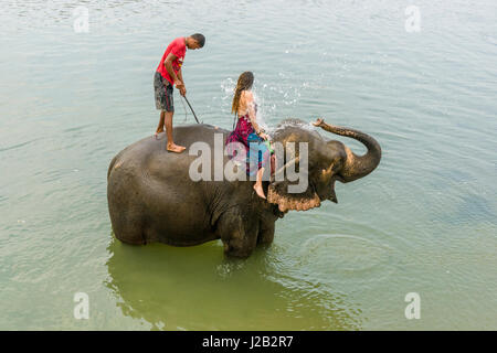 Un elefante (Elephas maximus indicus) è gli spruzzi di acqua su un turista donna nel fiume rapti in Chitwan il parco nazionale Foto Stock