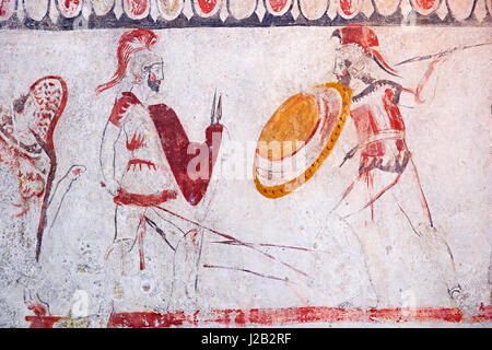 Lucano affresco dipinto della tomba di due soldati in armatura combattimenti. Paestrum, Andriuolo. Tomba 86 (330-320 BC ) Foto Stock