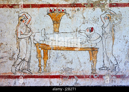 Lucano affresco dipinto della tomba di una donna morta steso su un letto . Paestrum, Andriuolo. Tomba n. 53 350-330 A.C. Foto Stock