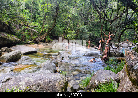 Josephine Falls è un popolare luogo di nuoto con belle cascate in Wooroonooran National Park, vicino a Cairns, estremo Nord Queensland, QLD, Australia Foto Stock