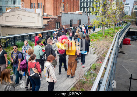 L'artista brasiliano, André Feliciano noto come "arte giardiniere' passeggiate lungo la linea alta Park di New York di Domenica, 23 aprile 2017 la distribuzione di palloncini e fiori a passante nelle sue prestazioni pezzo di arte, il Floraissance parade. Il Floraissance è un'arte movimento creato da Feliciano basata sull'idea che l'attuale non è in grado di descrivere la tecnica più e abbiamo arte in movimento nella fase successiva, crescendo come i fiori nel Floraissance. (© Richard B. Levine) Foto Stock