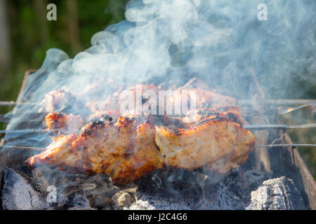 La frittura shish kebab e salsicce alla griglia sulla griglia sui carboni ardenti Foto Stock