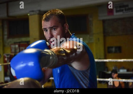 Auckland, Nuova Zelanda. 27 apr, 2017. Nuova Zelanda heavyweight boxer Joseph Parker's avversario Razvan Cojanu è in azione durante un allenamento di media a Boxing Alley ad Auckland il Apr 27, 2017. Credito: Shirley Kwok/Pacific Press/Alamy Live News Foto Stock