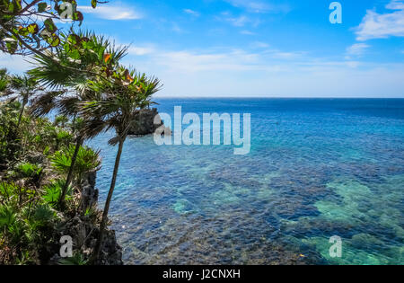 Roatan Island honduras. paesaggio, paesaggio marino di un tropicale blu-turchese chiaro acque oceaniche, reef. cielo blu sullo sfondo verde palme sulla barriera corallina Foto Stock