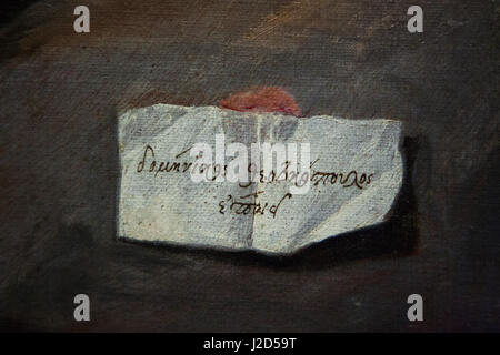 Firma di El Greco (Domenikos Theotokopoulos) sulla sua pittura sacra famiglia (1590) visualizzato nel Museo de Santa Cruz (Museo Santa Cruz) in Toledo, Spagna. Foto Stock