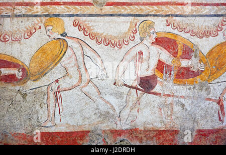 Lucano affresco dipinto della tomba di 2 combattimenti guerrieri, Paestrum, Andriuolo. Il III secolo A.C. Foto Stock