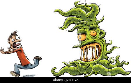 Un viscido, verde cartoon monster con tentacoli insegue un uomo. Illustrazione Vettoriale