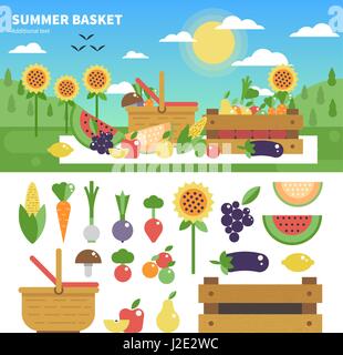 Cesto pieno di frutta fresca e verdura Illustrazione Vettoriale