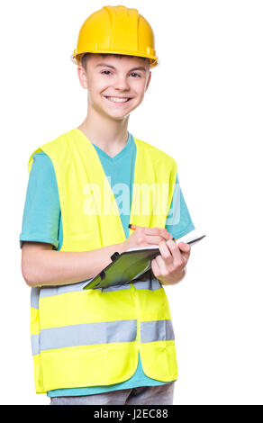 Ragazzo che indossa casco giallo Foto Stock