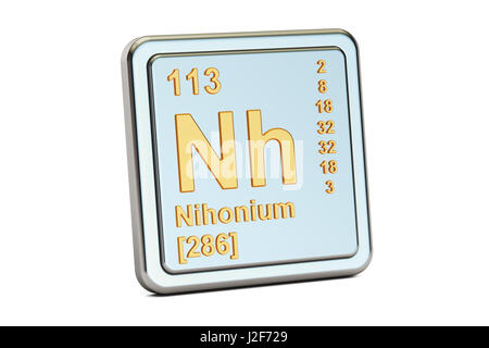 Nihonium Nh, elemento chimico segno. 3D rendering isolati su sfondo bianco Foto Stock
