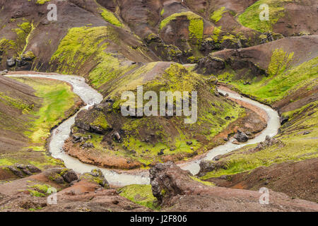 Un fiume ha scavato una profonda gola in un lavafield a KerlingarfjÃ¶ll nel centro di Islanda Foto Stock