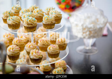 Baccelli di vaniglia mini tortine decorate con ciano e rosa candy talloni su cancella il vassoio su un tavolo da dessert con marshmallows, giuggiolo, e amaretti Foto Stock