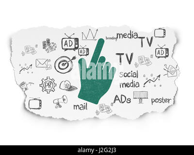 Il concetto di pubblicità: il cursore del mouse sulla carta strappata sfondo Foto Stock