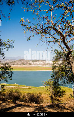 Stati Uniti d'America, la California Centrale, siccità Spotlight 3a, Santa Ynez Valley Expedition, Lago Cachuma serbatoio (dietro Bradbury Dam) e con una profonda vasca da bagno 'Ring' che mostra l'impatto di 4 anni di siccità sui livelli di acqua (di grandi dimensioni formato disponibile) Foto Stock