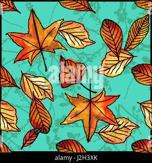 Foglie di autunno su sfondo teal, vettore senza giunture acquerello Illustrazione Vettoriale