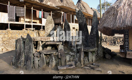 Tavolette di pietra in Bena un villaggio tradizionale con erba capanne del popolo Ngada in Flores vicino a Bajawa, Indonesia. Foto Stock