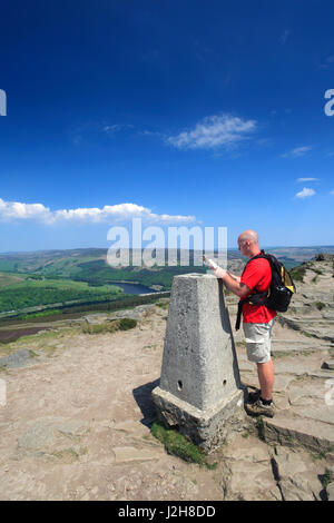 Walker, OS Trig punto su Win Hill su serbatoio Ladybower, Derwent Valley, nel Derbyshire, Parco Nazionale di Peak District, England, Regno Unito Foto Stock