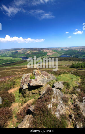 Summer View da Win Hill su serbatoio Ladybower, Derwent Valley, nel Derbyshire, Parco Nazionale di Peak District, England, Regno Unito Foto Stock