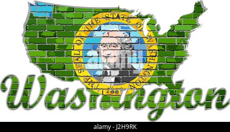 Washington su un muro di mattoni - Illustrazione, Font con la bandiera di Washington, Washington mappa su un muro di mattoni Illustrazione Vettoriale