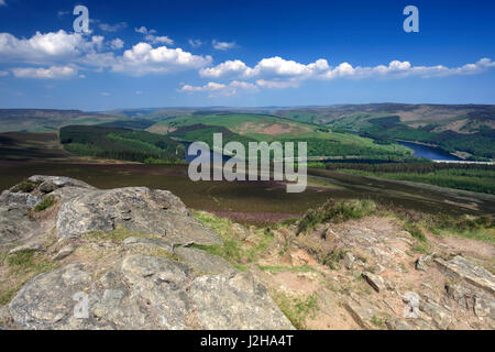 Summer View da Win Hill su serbatoio Ladybower, Derwent Valley, nel Derbyshire, Parco Nazionale di Peak District, England, Regno Unito Foto Stock