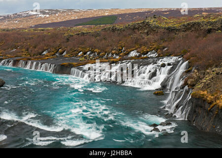 Hraunfossar, serie di cascate che si riversano sul fiume Hvítá in inverno, Vesturland, Borgarfjörður, western Islanda Foto Stock