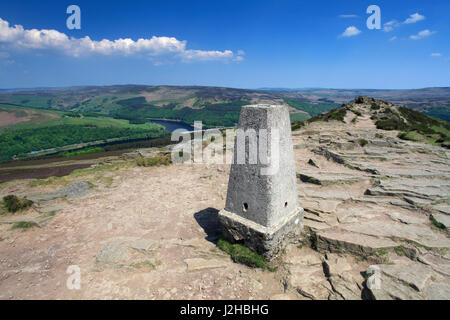 OS Trig punto su Win Hill su serbatoio Ladybower, Derwent Valley, nel Derbyshire, Parco Nazionale di Peak District, England, Regno Unito Foto Stock