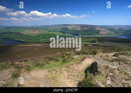 Summer View da Win Hill su serbatoio Ladybower, Derwent Valley, nel Derbyshire, Parco Nazionale di Peak District, England, Regno Unito Foto Stock