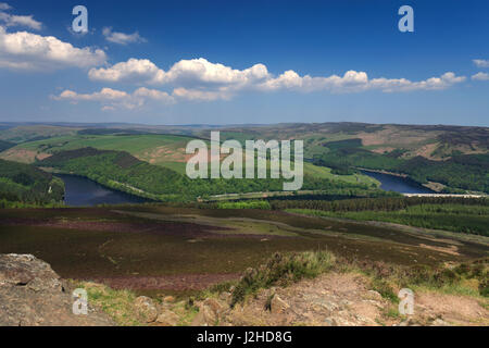 Summer View da Win Hill su serbatoio Ladybower, Derwent Valley, nel Derbyshire, Parco Nazionale di Peak District, England, Regno Unito Foto Stock