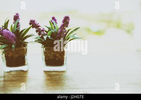 Viola Fiore artificiale in piccolo vaso di vetro su una scrivania di legno accanto alla finestra Foto Stock