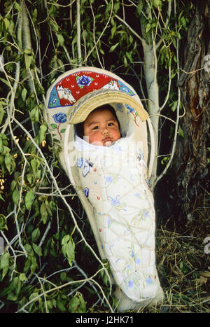 Native American baby cucita all'interno di un tradizionale willow cradleboard decorate con beadwork si appoggia contro una spazzola wickiup coperto Foto Stock