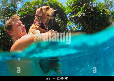 Giovane uomo gioca con il divertimento e il treno Golden Labrador retriever puppy in piscina - salto e immersioni subacquee. Giochi divertenti con la famiglia e gli animali domestici laborato Foto Stock