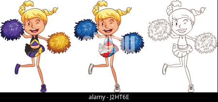 Cheerleader dancing in tre diversi stili di disegno illustrativo Illustrazione Vettoriale