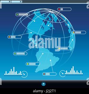 Schermo di computer con globo terrestre e netti segni di connessione. Comunicazione globale del concetto. Illustrazione Vettoriale