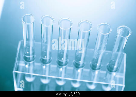 Tubi vuoti in un rack per provette. Foto Stock