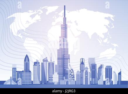 Skyline di Dubai Panorama sulla mappa del mondo, edificio moderno Cityscape viaggi di affari e turismo Concept Illustrazione Vettoriale