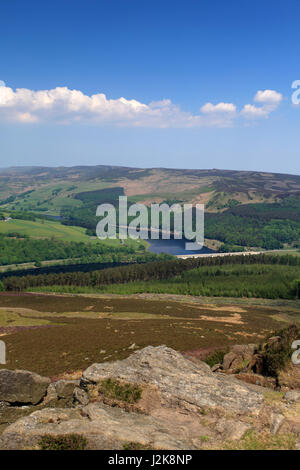 Summer View da Win Hill su serbatoio Ladybower, Derwent Valley, nel Derbyshire, Parco Nazionale di Peak District, England, Regno Unito Foto Stock