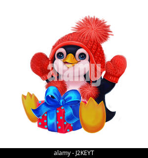 Buone Vacanze con piccolo pinguino divertente personaggio celebrare la festa di compleanno o di natale con presenta, Hand-Drawn Cartoon Foto Stock