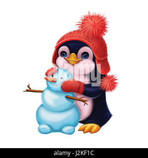 Auguri di Buone Feste con sorridente piccolo pinguino divertente personaggio rendendo pupazzo di neve - Buon Natale e Felice Anno Nuovo, Hand-Drawn Foto Stock