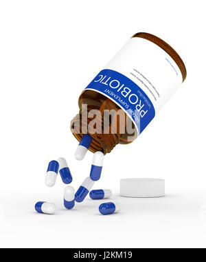 3D render di pillole di probiotici in bottiglia isolate su sfondo bianco Foto Stock