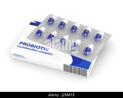 3D render di probiotico pillole sul blister isolate su sfondo bianco Foto Stock