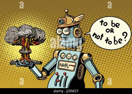 Robot retrò e una esplosione nucleare, di guerra e di conflitto Illustrazione Vettoriale