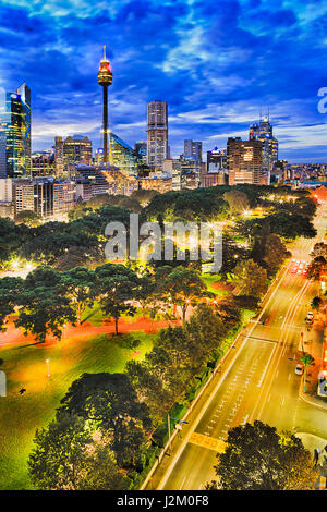 Sydney hyde park e il CBD towers al tramonto dalla posizione elevata. Città illuminata architettura e strade di strada in vista verticale. Foto Stock