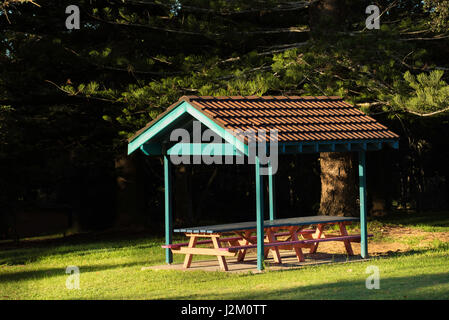 Un tetto in cotto su un tavolo da picnic e sedie in un parco a Black Head Beach nel nuovo Galles del Sud, Australia Foto Stock