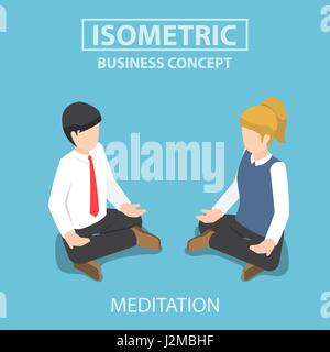 Appartamento 3D isometrica imprenditore fare yoga in lotus pongono. La meditazione nel concetto di business. Illustrazione Vettoriale