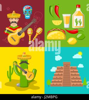 Banner di raccolta di icone messicano Illustrazione Vettoriale