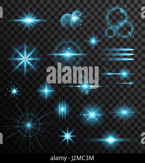 Set realistico lens flares Star luci ed elementi ad incandescenza Illustrazione Vettoriale